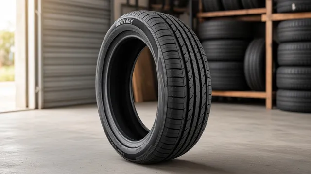Pneu Westlake novo em pé no chão de uma loja de pneus, com a marca na lateral.